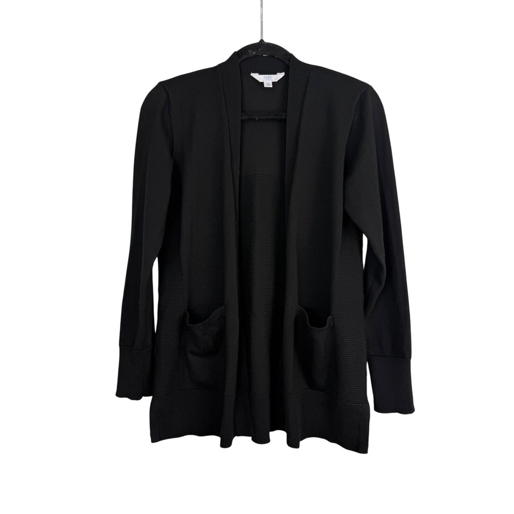 Time and Tru Womens Black Open Front Cardigan Sweater Ribbed Pockets Small 4-6